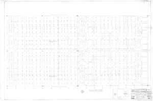 Faint technical drawing of a structural steel framing plan with numbered columns, grid lines, and cross-bracing details; title block and notes are in the lower right corner.