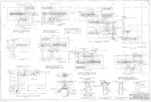 Detailed architectural blueprint showing multiple technical drawings, sections, and elevation views of bridge components with labels, measurements, and construction notes throughout the layout.