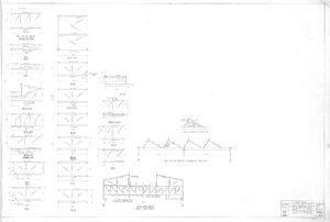 Technical drawing showing multiple truss designs with labeled measurements on the left, section and elevation diagrams in the center and lower right, and a title block in the bottom right corner.