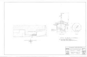 Architectural drawing showing a metal flagpole’s detail, including a section view, top plan, and side view of the base near a sidewalk. Title block at lower right reads Flagpole and Location, Sheet 6A.