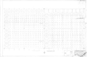 Faint architectural or engineering blueprint showing a grid layout with numerous labeled rows and columns, structural supports, and a title block in the bottom right corner.
