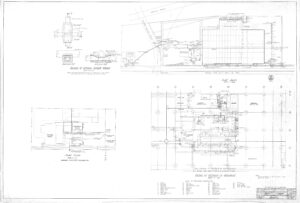Architectural blueprint showing building floor plans, site layout, structural details, and technical diagrams with labeled measurements, grid lines, annotations, and a title block in the lower right corner.