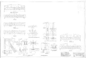 Architectural blueprint showing detailed structural drawings of trusses, columns, beams, and connection joints with dimensions, notes, and labels. Various views and cross-sections are organized across the sheet.