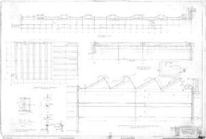 Architectural blueprint showing multiple technical elevation and section views of an industrial building, including structural details, roof trusses, support columns, and annotations with dimensions. Title block is in the bottom right.
