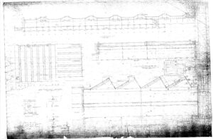 Faded architectural blueprint showing multiple detailed elevations, sections, and structural diagrams of a building with a sawtooth roof, labeled measurements, and construction notes.