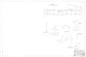 Black and white technical drawing showing multiple side and detail views of a structural steel frame mounted on a trailer, with various measurements and notes labeled throughout the diagram. Large blank space on left side.