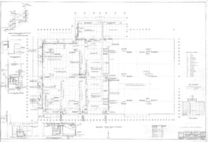 Architectural floor plan drawing labeled AUDITORIUM: GROUND FLOOR (PROPOSED), showing detailed room layouts, measurements, notes, a legend, and a small location diagram in the bottom right corner.