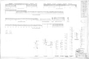 Engineering drawing showing detailed foundation plans and beam elevations for a building, with labeled diagrams, section views, gridlines, and a legend in the top right corner listing symbols and abbreviations.