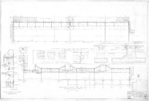 Technical architectural blueprint showing detailed structural drawings, sections, elevations, and measurements of a bridge, including support beams, trusses, and foundation details, with labels and scale notes throughout.