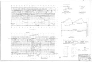 Architectural blueprint showing first and second floor framing plans, sections, details, and notes for an industrial building. The plans include grids, measurements, diagrams, and construction specifications.