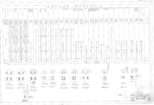 Architectural column schedule drawing showing columns’ dimensions, locations, grid references, and reinforcement details, with diagrams and structural notes arranged in a grid and detailed sections at the bottom.