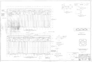 Architectural blueprint showing structural floor plans, sections, and detailed technical drawings of a bridge, including measurements, construction features, materials, and engineering notes.