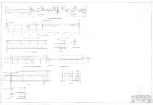 Black and white architectural drawing showing detailed structural steel framing plans, elevations, sections, and connection details for a building, with measurements, labels, and a title block in the lower right corner.