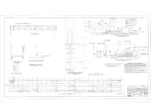 Black-and-white engineering blueprint showing structural diagrams, cable section details, grid layouts, and wiring schematics for a bridge or similar structure. Contains notes, measurements, and technical labels throughout the design.