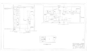 Architectural blueprint showing detailed floor plans, measurements, and layout for an office and equipment room, including labeled sections, furniture placement, and electrical elements. Title block with project and drawing information is at bottom right.