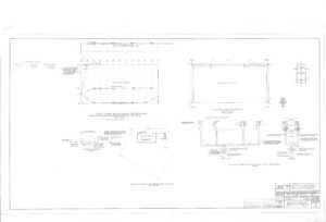 Technical engineering drawing displaying various views, plans, and diagrams of a recirculating sump tank, including top, side, and compartment details, dimensions, labels, and a title block in the lower right corner.