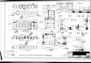 Architectural blueprint showing detailed construction drawings of a display case, including multiple sections, elevations, dimensions, materials, and annotations for assembly and installation.
