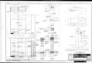 Architectural blueprint showing detailed plans, elevations, and sections of display cases for a dining room, with labeled measurements, annotations, and construction notes. Title block and scale information are in the bottom right corner.