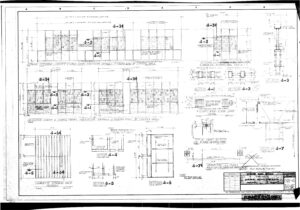 Architectural blueprint showing detailed construction plans for concrete panels and walls, including elevations, sections, measurements, grid references, and technical notes; title block is in the lower right corner.