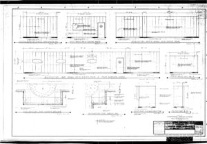 Architectural blueprint showing detailed elevation and section views of built-in shower stalls, a shower drying area, and related carpentry, with precise measurements, notes, labels, and a title block in the bottom right corner.