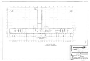 Architectural floor plan drawing of a rectangular building, with rooms and corridors labeled. The title block in the lower right corner reads Level 2 Floor Plan for Building 83, McDonnell Douglas Corporation.