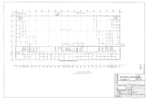 Architectural floor plan drawing labeled Level 1 Floor Plan, showing the layout of rooms, corridors, and entrances in a rectangular building, with a title block in the bottom right corner.