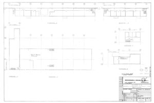 Architectural blueprint showing multiple sectional views, elevations, and a floor plan of a building. Each section is labeled. The title block in the bottom right corner contains project and drawing details.