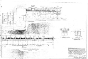 Black-and-white technical drawing detailing structural steel supports and connections for a loading dock canopy, with multiple side, top, and sectional views, dimensions, notes, and a title block in the bottom right corner.