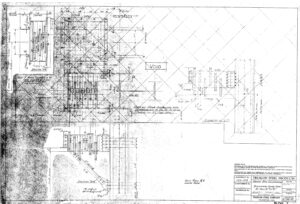 Faded black-and-white technical drawing showing construction plans with labeled measurements, grids, and sections. Main areas include a marked “VOID,” structural details, and title box labeled “TRUSCON STEEL PRODUCTS” in the lower right.