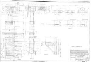 Technical engineering blueprint with detailed mechanical drawings, measurements, construction notes, and section views for a steel structure by Truscon Steel Products. Title block and scale are visible in the lower right corner.