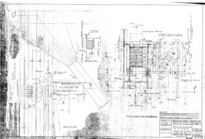 Black and white technical drawing of a steel structure with detailed measurements, cross sections, annotations, and labels. Title block in the lower right corner reads “Truscon Steel Products.” Various dimensions and notes are handwritten.