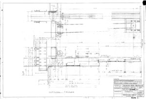 A detailed technical blueprint of a buildings vertical section, featuring structural elements, dimensions, annotations, and construction notes. The drawing includes a title block labeled TILCONN STEEL PRODUCTS and various scale measurements.