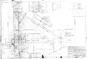 Faded technical engineering blueprint of a steel structure with detailed measurements, notes, geometric shapes, and a title block labeled TRUSCON STEEL PRODUCTS at the bottom right corner.