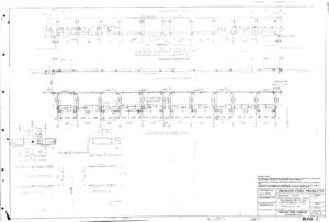 Faded engineering blueprint showing structural steel framing for a building. Includes multiple elevation and section views with measurements and handwritten notes. Title block in lower right corner reads “Truson Steel Products” and project details.