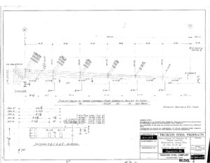 Black-and-white technical drawing of a steel connection plan, showing labeled beams, sections, dimensions, and construction notes. Title block at the bottom right lists project details and company information.