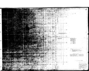 Faded, partially illegible blueprint or engineering drawing featuring a grid, some labeled axes, technical notes, tables, and diagrams, with the left side heavily darkened and obscured.