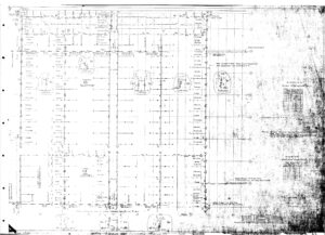 Faded, black-and-white scanned engineering blueprint with labeled columns, rows, measurements, and technical notes; some areas are smudged, making text and details difficult to read.