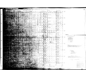 Faded, black-and-white architectural or engineering blueprint with grids, labeled sections, and handwritten notes. The left side is heavily darkened and unclear, while the right side displays detailed technical specifications.
