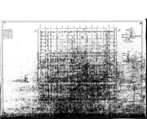 Faded architectural blueprint showing a detailed grid layout with measurements, labels, and technical annotations; includes a title block in the top left and several technical notes and diagrams on the right side.