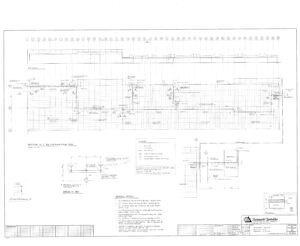 Architectural drawing of a floor plan with detailed technical notes, measurements, grid lines, symbols, legends, and title block; includes a roof framing layout and construction details.