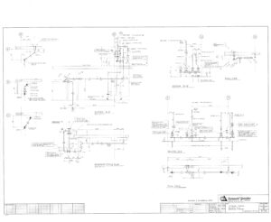 Technical engineering drawing showing multiple detailed diagrams, measurements, and construction notes for structural steel supports. Title block in the lower right corner includes project and company information.