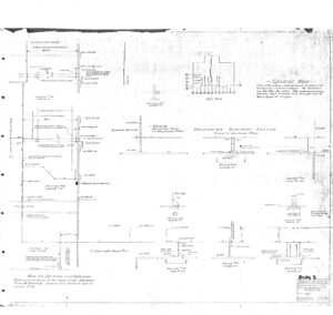 A detailed black-and-white technical drawing with multiple diagrams, measurements, labels, and notes showing foundation sections, floor details, and key plans for a building construction project.