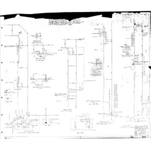 Scanned black-and-white image of an old, detailed architectural or engineering blueprint with handwritten notes, sketches, measurements, and labels showing structural layouts and dimensions; edges of the paper are torn and worn.