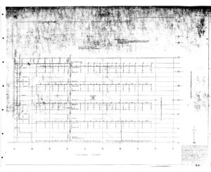 Faded architectural blueprint of a building’s second story, showing labeled rooms and hallways, grid lines, and notes in the margins; the drawing is labeled “Second Story” with a north arrow and scale reference.