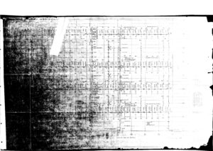 A scanned, faded spreadsheet or technical document with tables and handwritten notes. The left side is dark and mostly illegible, while the right side shows columns of numbers and labels, some partially obscured or cut off.