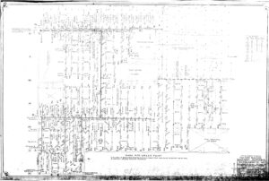 Black-and-white scanned technical drawing of an industrial site plan, labeled MARK FOR KREMLIN PLANT, showing detailed measurements, structures, and layout annotations with text and lines throughout the document.