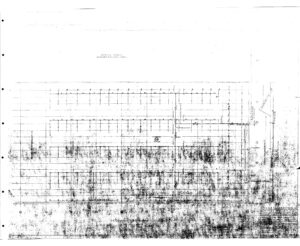 Faded architectural blueprint showing a detailed floor plan with labeled rooms, gridlines, and measurements. Some text and sections are partially obscured due to the dark, smudged lower portion.
