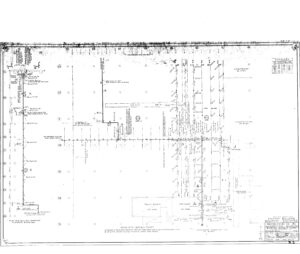 Black and white scanned blueprint of a structural foundation plan, showing grids, columns, beams, notes, dimensions, and a title block labeled “Base Plate Layout Plan” for a building construction project.