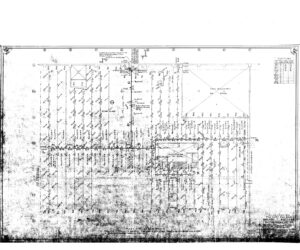 Faded architectural or engineering blueprint showing a grid layout with labeled columns, measurements, symbols, and detailed notes across the plan. The image includes some text boxes, tables, and a title block in the corners.