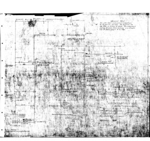 Faint, black-and-white scanned technical drawing with handwritten notes, faded lines, and diagrams. Multiple boxes, arrows, and labels are partially visible. The sheet has three hole punches on the left margin.